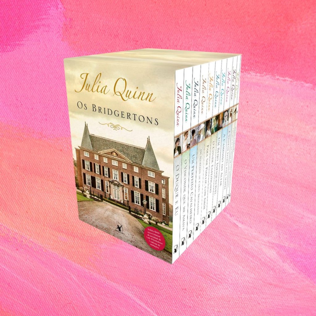 Box Os Bridgertons Imagem do box de livros da saga Os Bridgertons. Fundo rosa