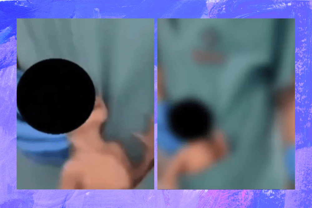 Em um fundo roxo, aparecem duas imagens de um bebê dentro do bolso de um jaleco verde. O rosto do recém-nascido está escondido por um círculo preto