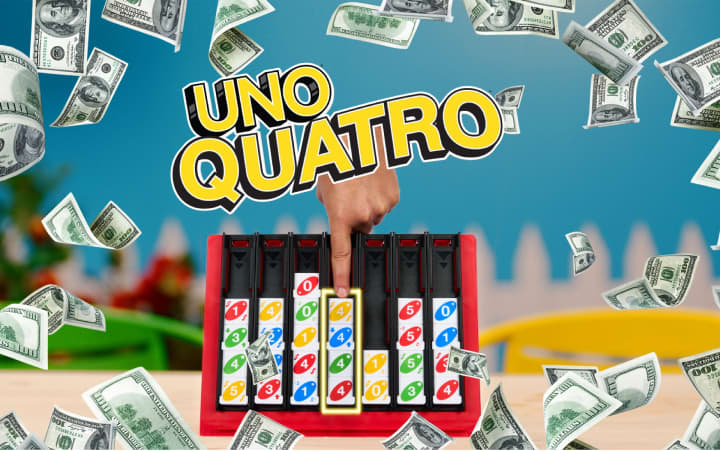 Na imagem aparece um jogo UNO e notas de dinheiro caindo