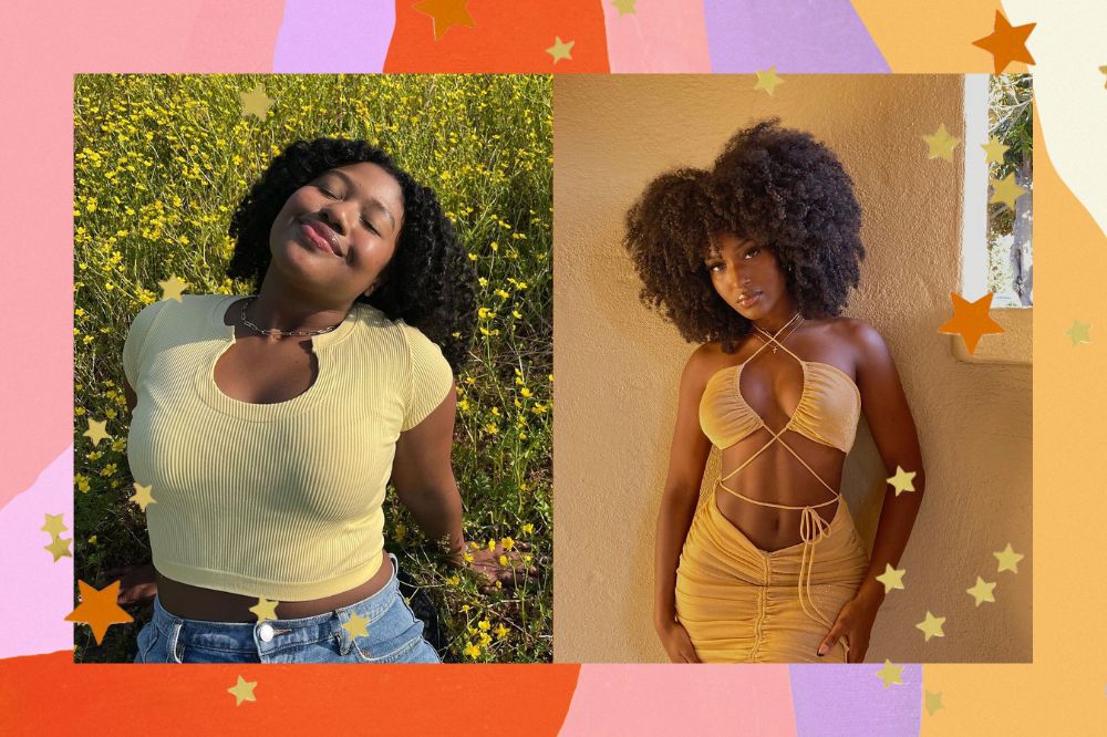 Montagem com fundo nas cores rosa, laranja, lilás e amarelo. Duas fotos de duas meninas usando roupas amarelas num tom claro.