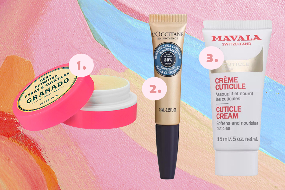 cremes-para-unhas-cuticulas-01 Cremes e ceras nutritivas para unhas e cutículas. Montagem em fundo azul, rosa e laranja