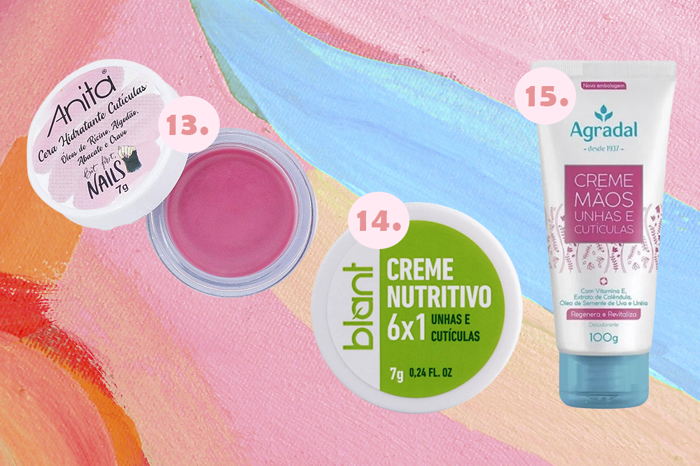 Cremes e ceras nutritivas para unhas e cutículas. Montagem em fundo azul, rosa e laranja