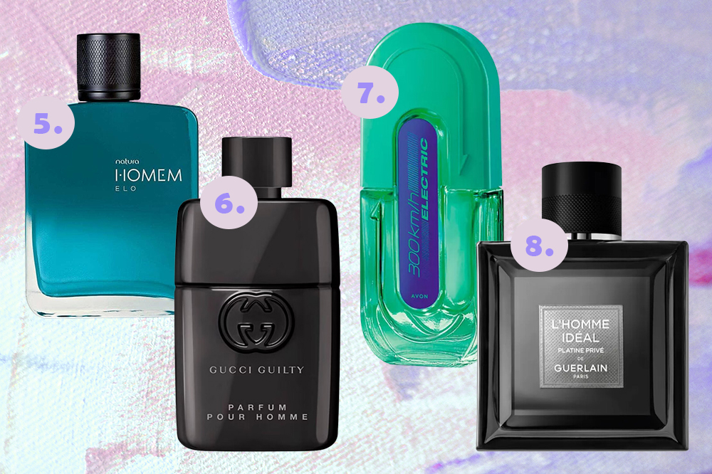 Perfumes para dar de presente no Dia dos Pais. Montagem em fundo lilás e azul claro