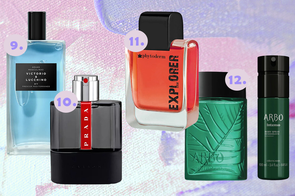 Perfumes para dar de presente no Dia dos Pais. Montagem em fundo lilás e azul claro