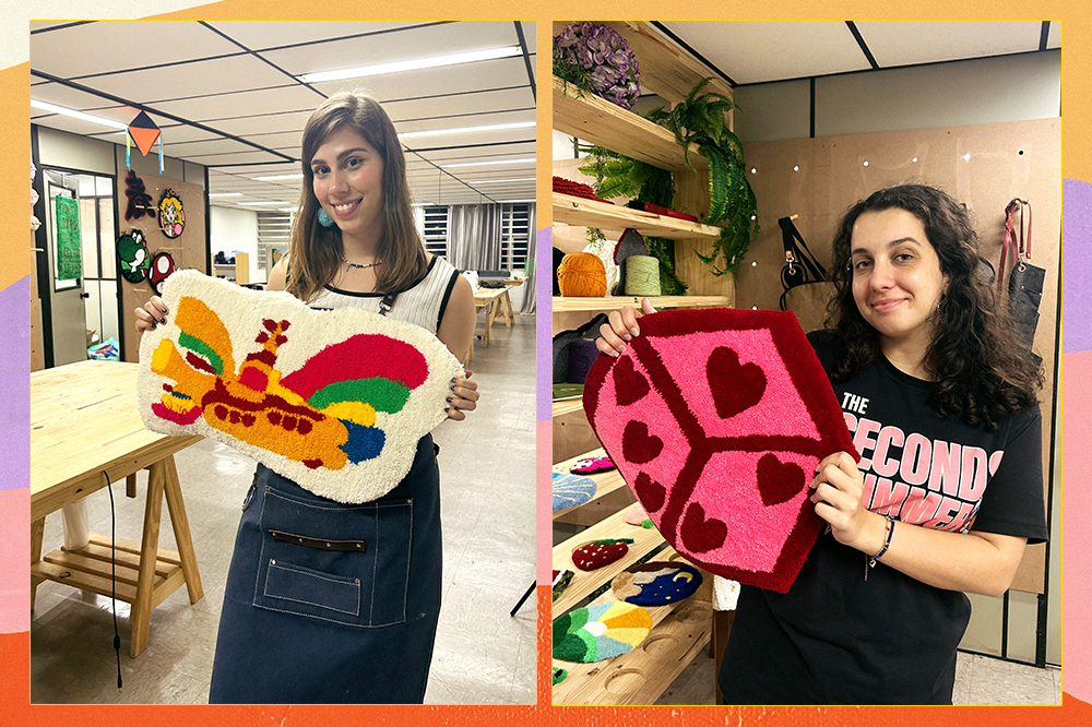 tapete-tufting-rug-lab-02 Repórter Sofia Duarte e estagiária Duda Cardim, do time de moda e beleza da CAPRICHO, fazendo tapetes na Rug Lab