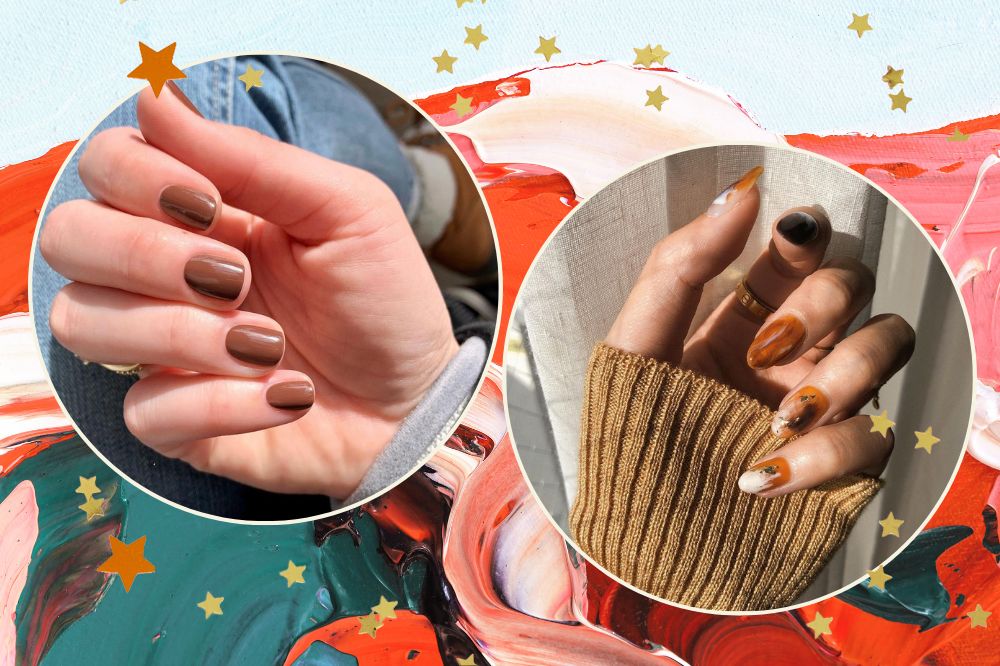 Montagem com fundo nas cores verde, laranja, rosa e azul. Duas imagens de mãos com unhas marrons na frente. As imagens estão em círculos.