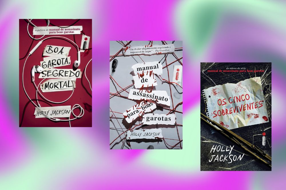 livros1 Capa de três livros de Holly Jackson com capas em tons de vermelho, preto e branco; o fundo é uma textura colorida em degradê de mistura das cores rosa, verde e roxo