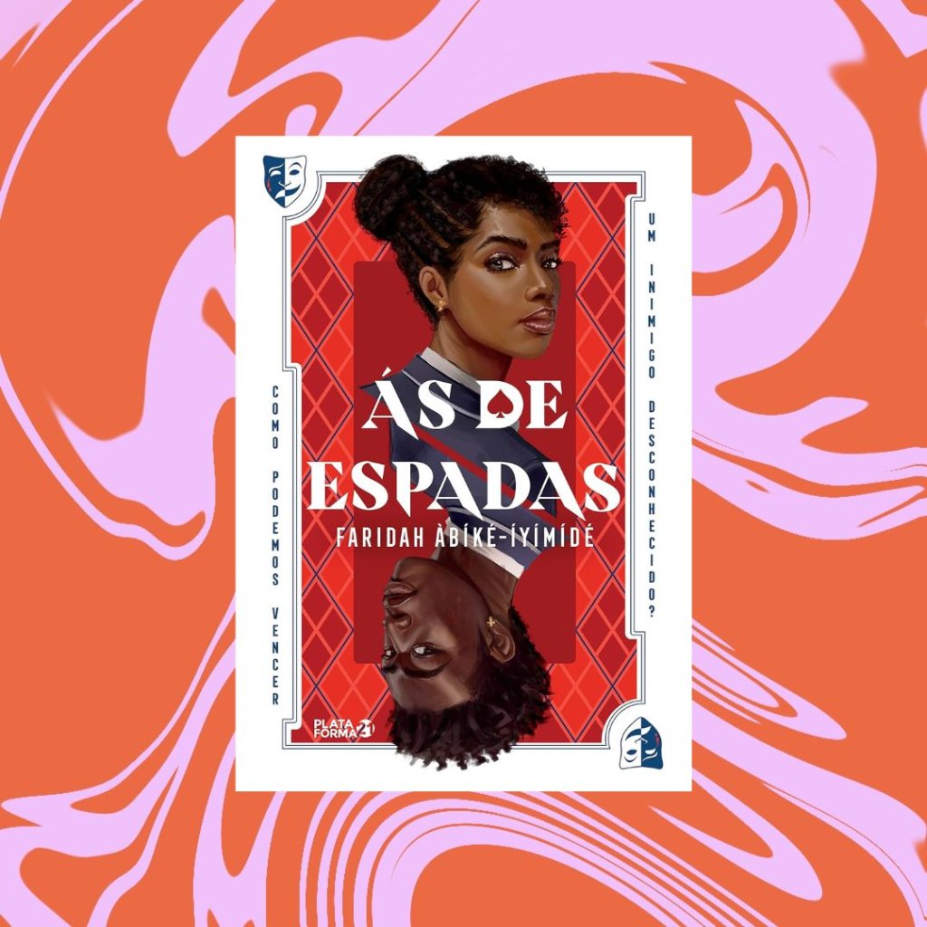 Capa do livro Ás de Espada. Fundo rosa e vermelho.