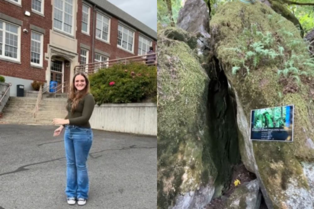 Duas imagens; na primeira Mali está sorrindo em pé em um estacionamento; na segunda estão as rochas na floresta em que foi gravado o filme Crepúsculo com uma placa de descrição