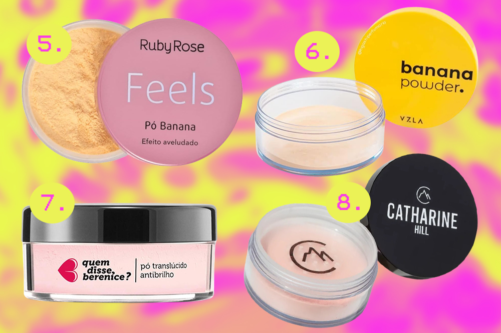 Opções de pó facial solto banana e rosa. Montagem em fundo rosa e amarelo