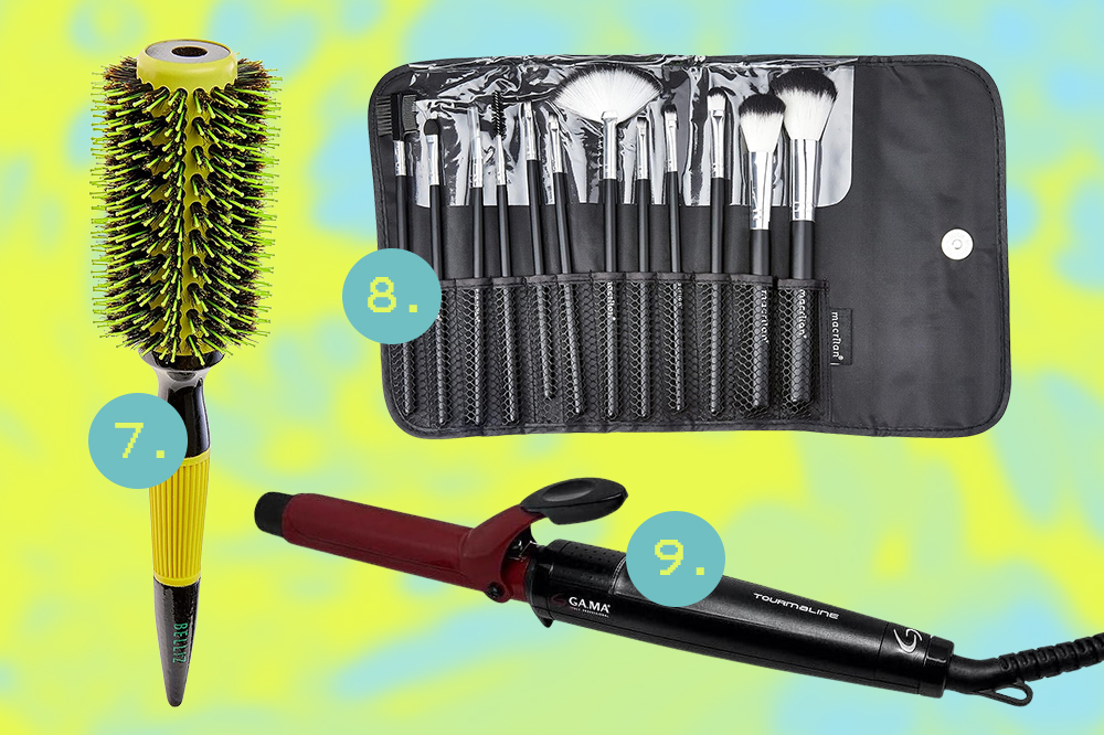 utensilios-beleza-esquenta-black-friday-amazon-03 Utensílios de beleza em promoção no Esquenta Black Friday: escova de cabelo, kit de pincéis e babyliss em montagem com fundo verde neon e azul claro.