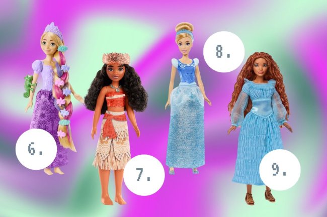 Dicas de presente de amigo secreto para os apaixonados por Disney Quatro bonecas de princesas da Disney. Fundo colorido
