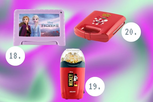 Dicas de presente de amigo secreto para os apaixonados por Disney Produtos eletrônicos da Disney. Fundo colorido