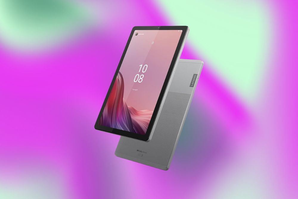 Imagem de um tablet cinza em um fundo roxo e verde.