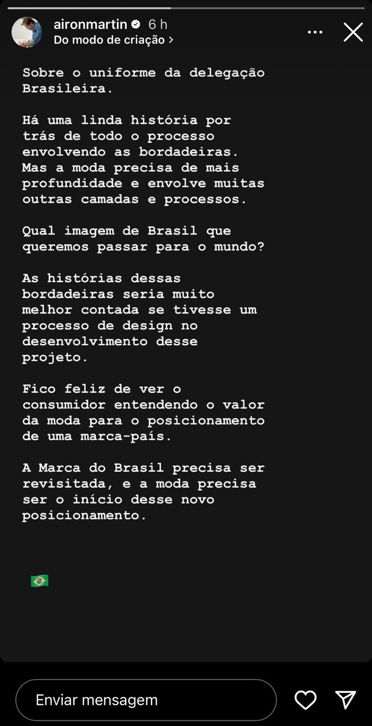 Print do story do Instagram do diretor criativo da Misci, Airon Martin.