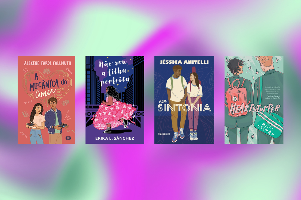 livros2 Capas de quatro livros em um fundo degradê nas cores azul, roxo, verde e lilás