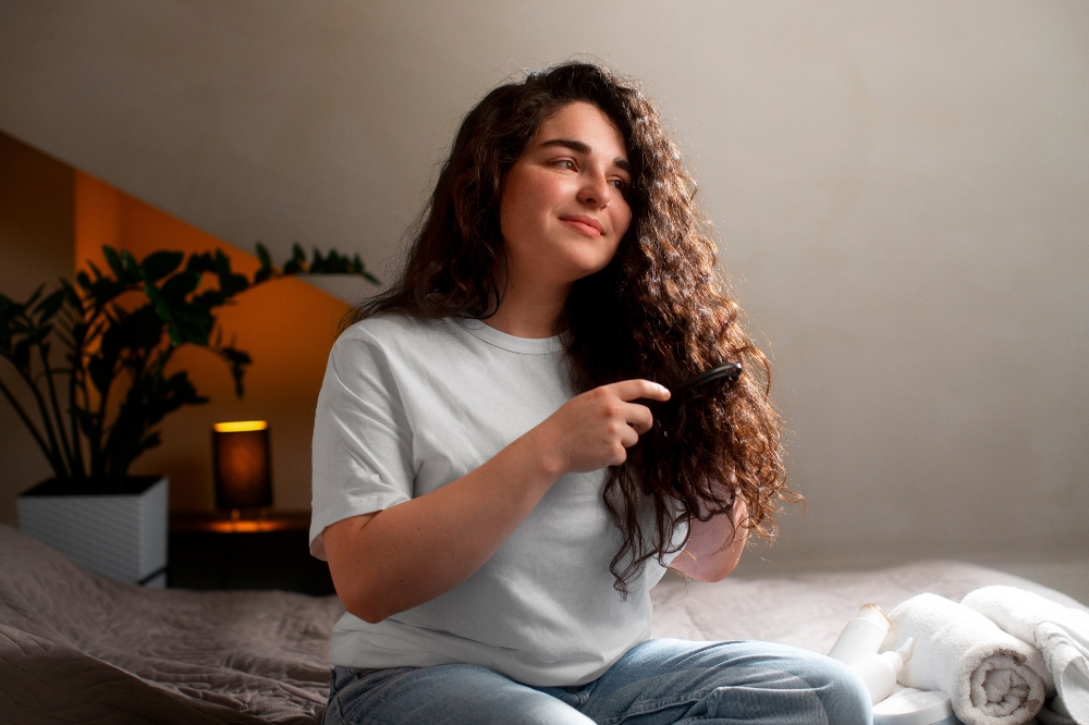 Garota olhando para o lado enquanto penteia o cabelo