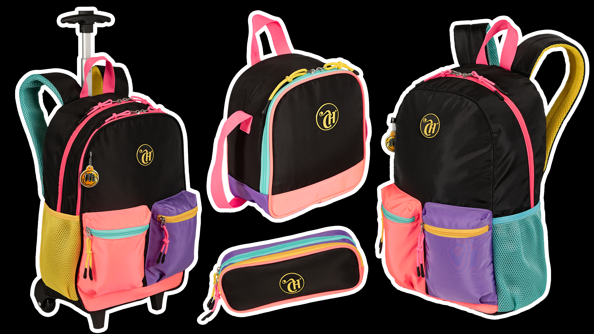 Linha CAPRICHO Contrast; colagem com mochilas e estojos na cor preta com detalhes coloridos em rosa, roxo e laranja com o logo em amarelo