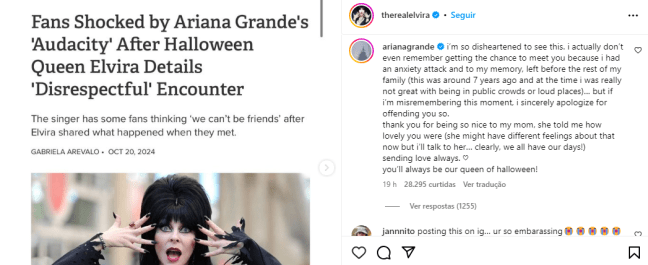 Print do post de Elvira com comentário de Ariana Grande Print do post de Elvira com comentário de Ariana Grande