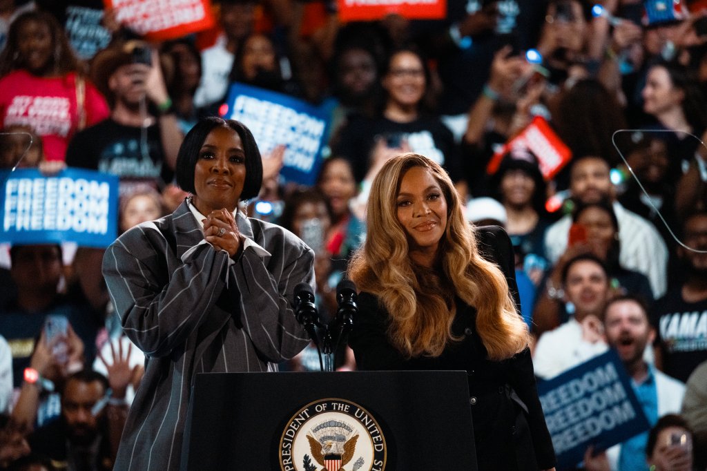 Singers Kelly Rowland and Beyoncé speak at a campaign rally for Democratic presidential nominee, Vice President Kamala Harris, on October 25, 2024 in Houston, Texas. Harris is campaigning in Texas holding a rally supporting reproductive rights with recording artists Beyoncé and Willie Nelson.