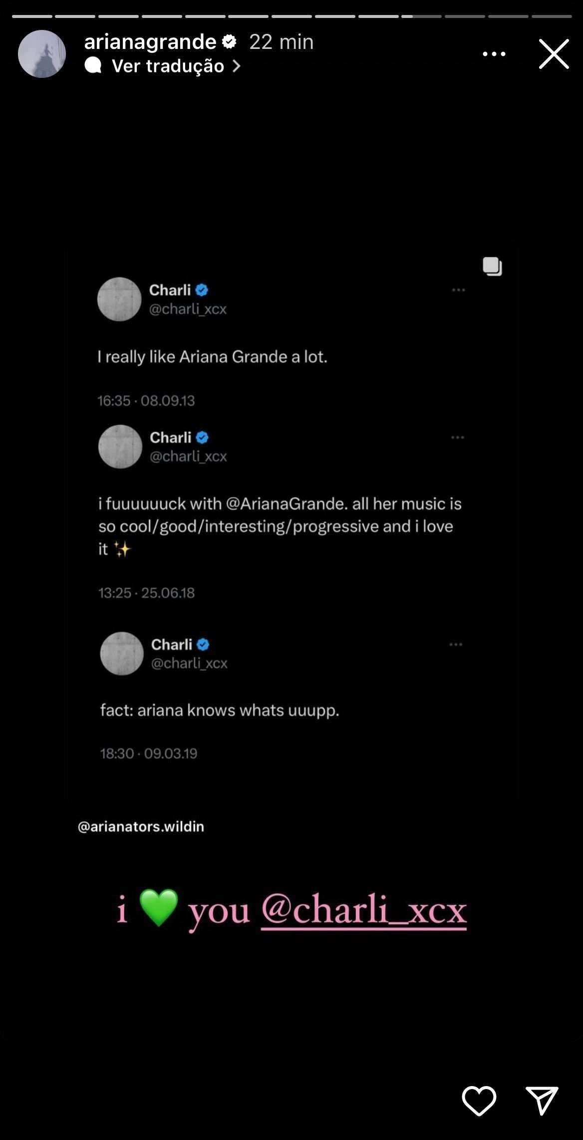 IMG_6611 Imagem de um print do story de Ariana Grande.