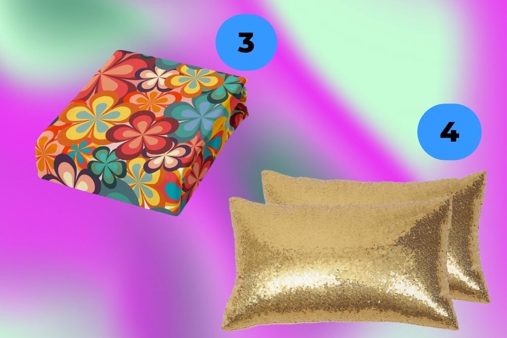 decoração-bruno-mars1 conjunto de lençol florido e duas almofadas douradas brilhantes