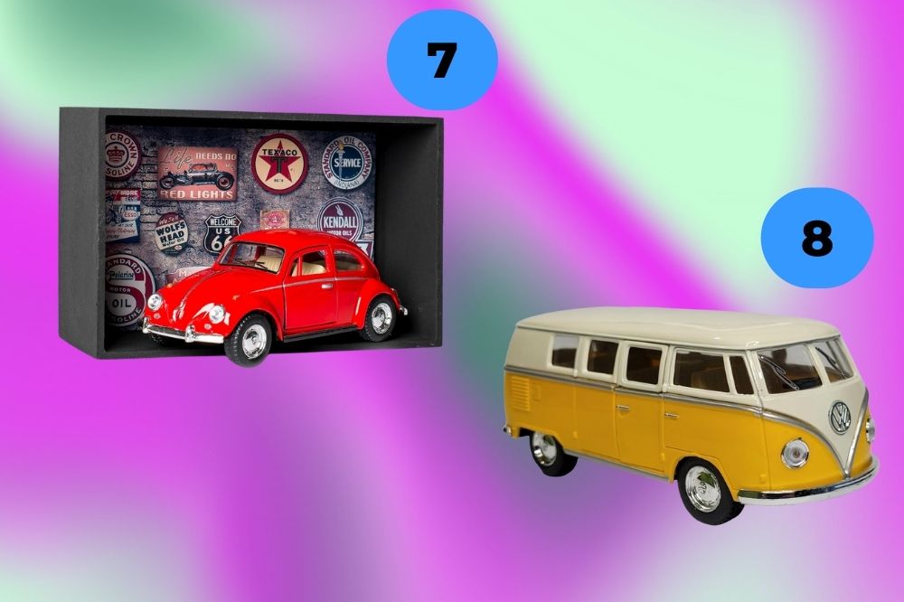carros-decoração fusca vermelho de brinquedo e kombi amarela em miniatura