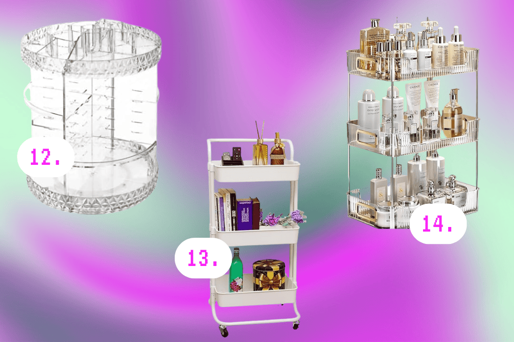 Imagem de dois organizadores de maquiagem e perfumes e de um carrinho estante organizador.