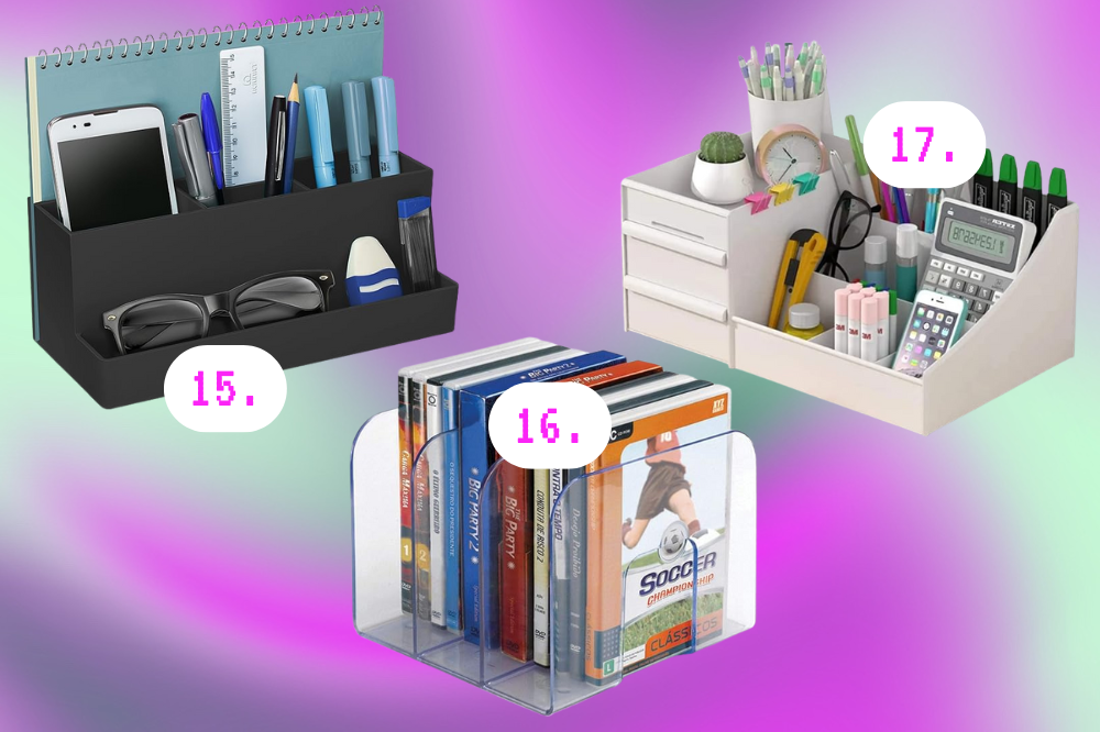 Imagem de dois organizadores de mesa de escritório e um separador de livros.