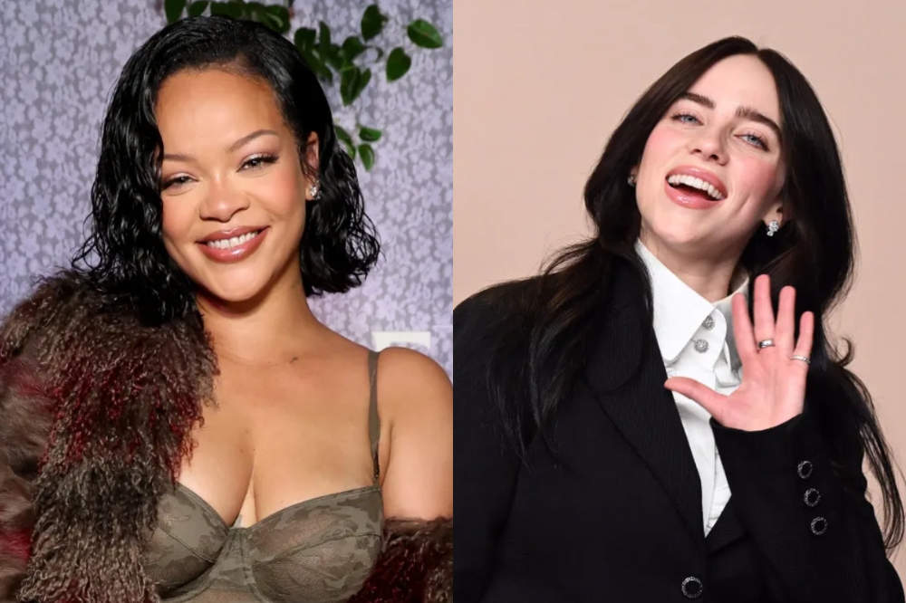 Montagem com foto de Rihanna à esquerda e de Billie Eilish à direita