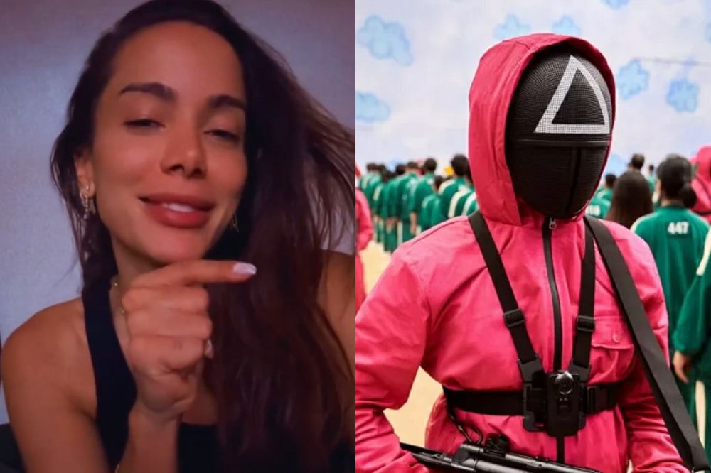 Duas imagens; na primeira um print de Anitta nos Stories e na segunda uma imagem promocional de Round 6 com personagem vestido de guarda com macacão vermelho e capuz com um triângulo