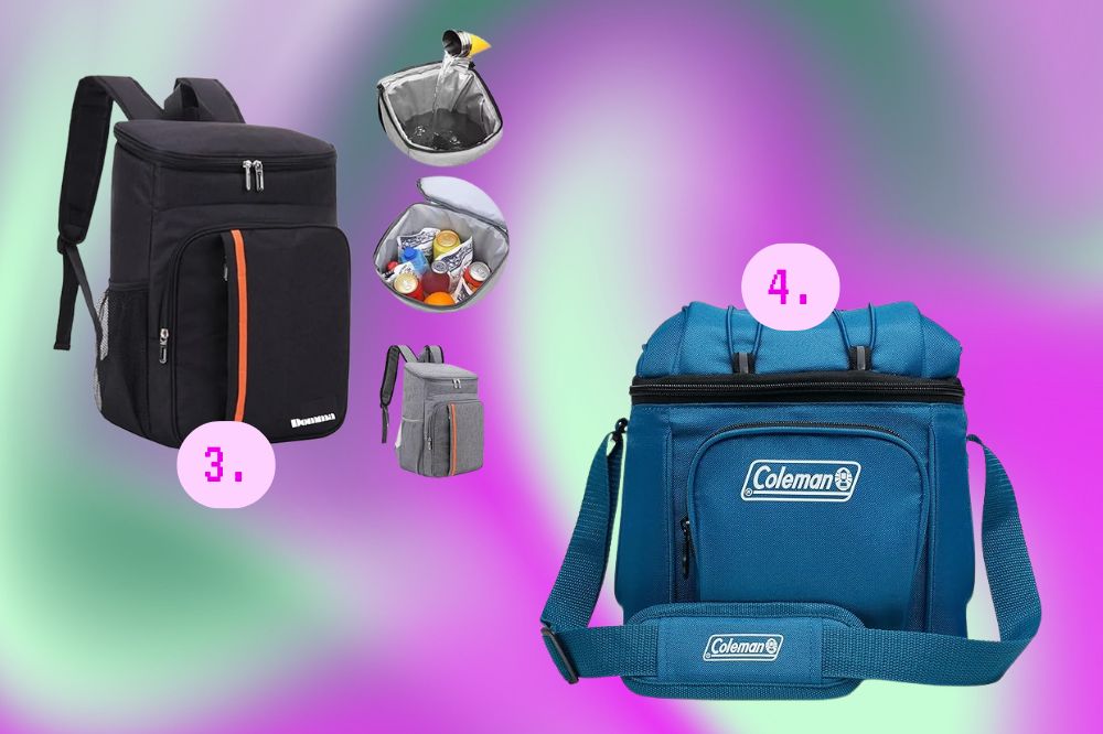 Os coolers mais legais para levar na praia neste verão Imagem de duas bolsas cooler preta e branca, em um fundo roxo e verde claro.