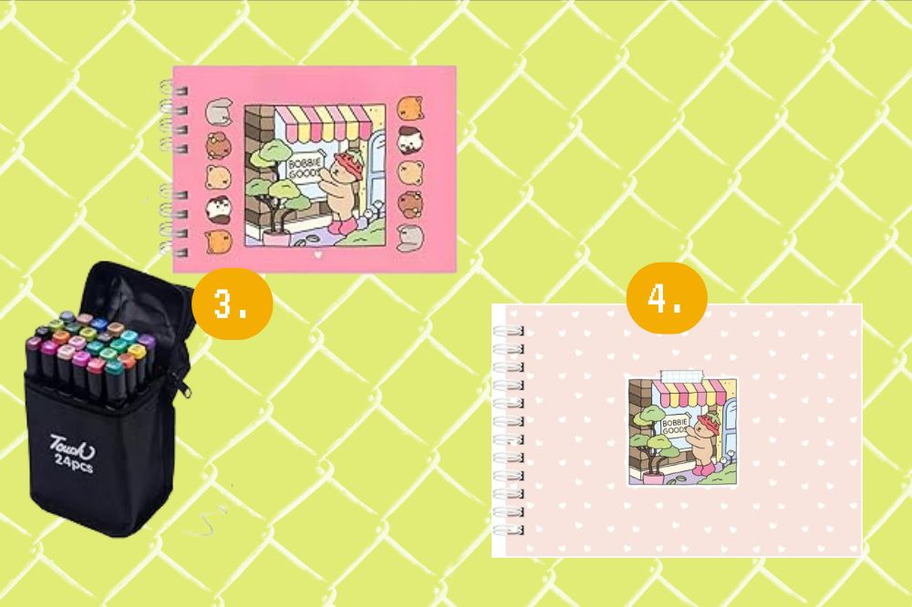Imagem de dois livros de Colorir Bobbie Goods em um fundo amarelo.