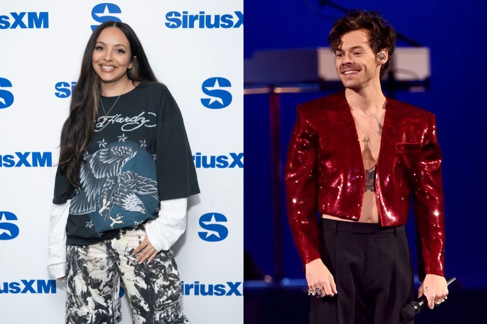 Duas imagens; na primeira Jade posando para foto em um backdrop da SiriusXM nas cores branco e azul; ela está sorrindo com uma das mãos no bolso; na segunda Harry Styles sorrindo enquanto se apresenta no palco; ele olha para o lado e está sorrindo enquanto usa uma calça preta com um blazer vermelho brilhante