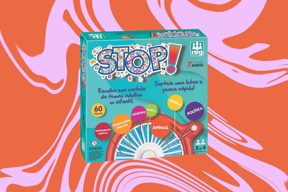 Imagem do jogo "Stop", em um fundo laranja e rosa.