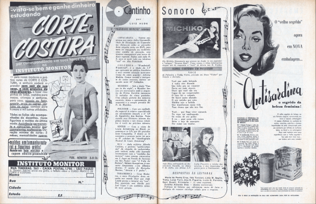 Página dupla da CAPRICHO de 1958 em que duas publicidades estão em destaque.