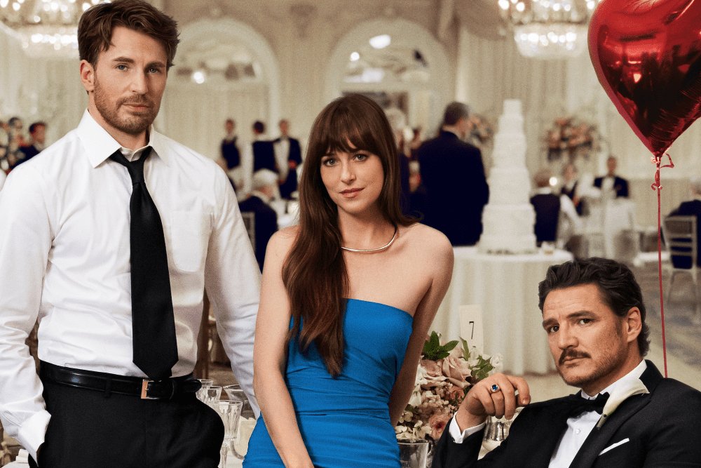 Materialists, comédia romântica da A24 com Dakota Johnson, Pedro Pascal e Chris Evans; os três estão posando juntos para foto em um salão de casamento