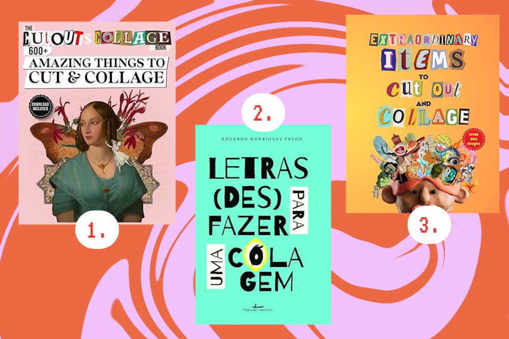 Imagem de três livros de colagem com adesivos e sticker, em um fundo rosa e laranja.