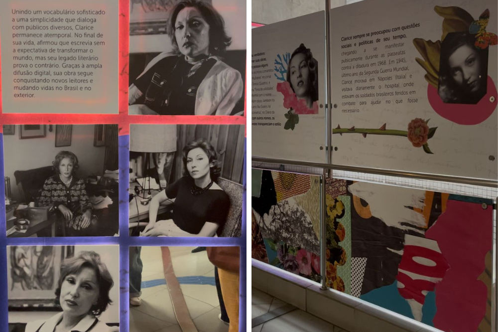 Exposição Projetos Centenários – Clarice Lispector Imagem das colagens exibidas na exposição Projetos Centenários - Clarice Lispector, com recortes da escritora misturados a desenhos coloridos.