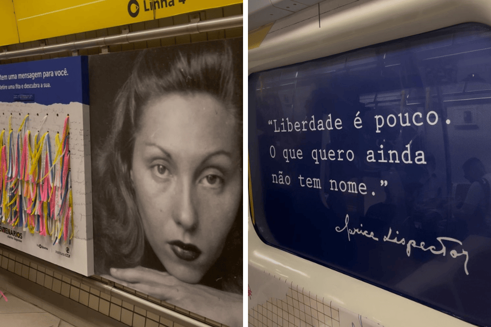 Imagem das colagens exibidas na exposição Projetos Centenários - Clarice Lispector, com recortes da escritora misturados a desenhos coloridos.