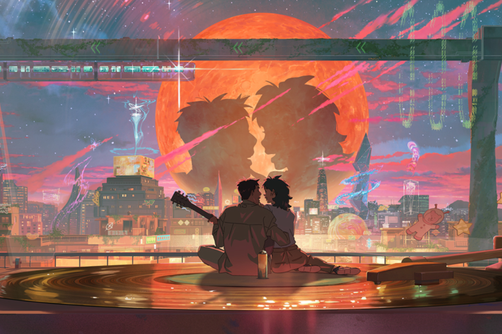 No poster da animação vemos um casal abraçado e atrás dele o reflexo deles na lua