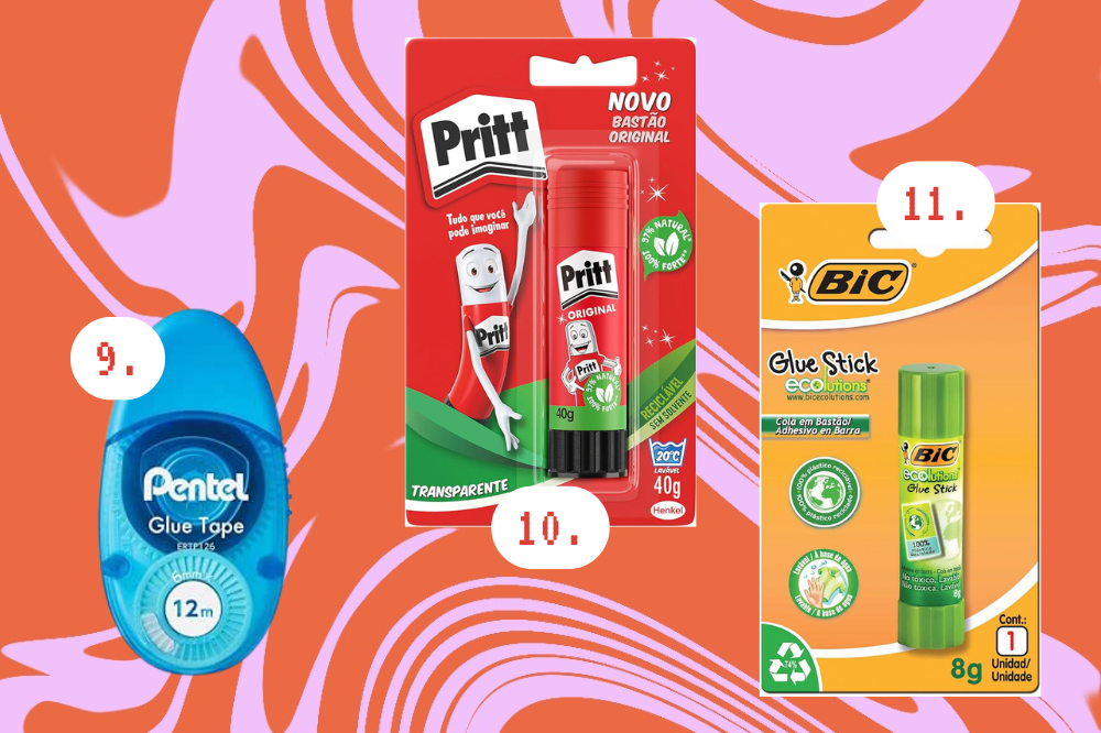 Tudo que você precisa para fazer um clube de colagem com seus amigos Imagem de uma cola em fita azul e de duas colas em bastão, uma da Pritt vermelha e outra da Bic verde.