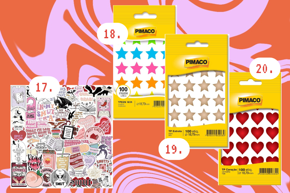 Tudo que você precisa para fazer um clube de colagem com seus amigos Imagem de um conjunto de adesivos coloridos e, ao lado, três pacotes de adesivos temáticos: um de estrelas coloridas, um de estrelas douradas e um de coração vermelho.
