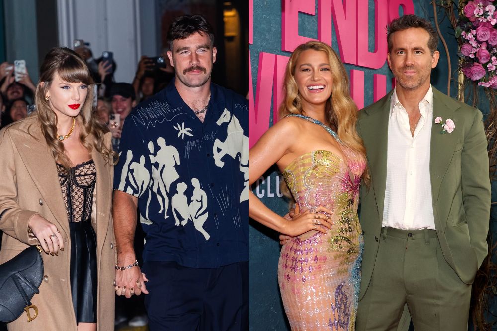 Duas imagens; na primeira Taylor Swift e Travis Kelce andando de mãos dadas na rua; na segunda, Blake Lively e Ryan Reynolds posando para foto em première de É Assim Que Acaba