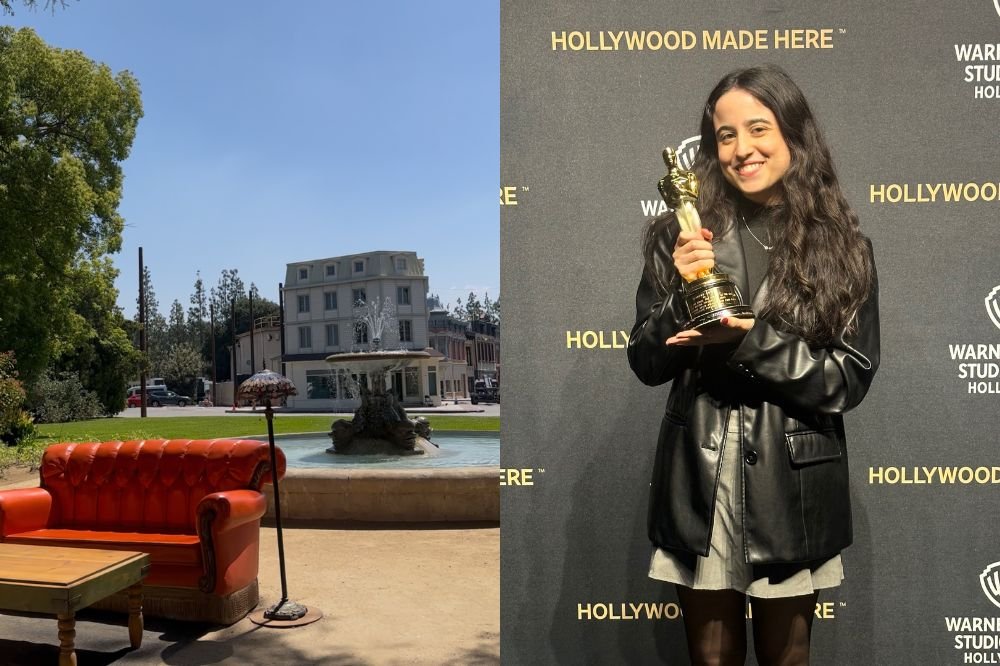 Anny Guerrera, da CAPRICHO, em tour da Warner Bros; na primeira imagem um sofá na fonte da abertura de Friends; na segunda a repórter segurando um Oscar