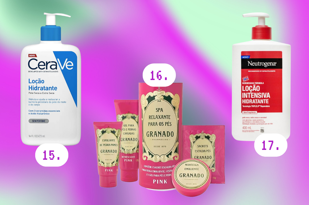 Como preparar um SPA para o Dia dos Namorados Imagem de dois tipos de hidratante corporal e de um kit de spa relaxante para os pés.