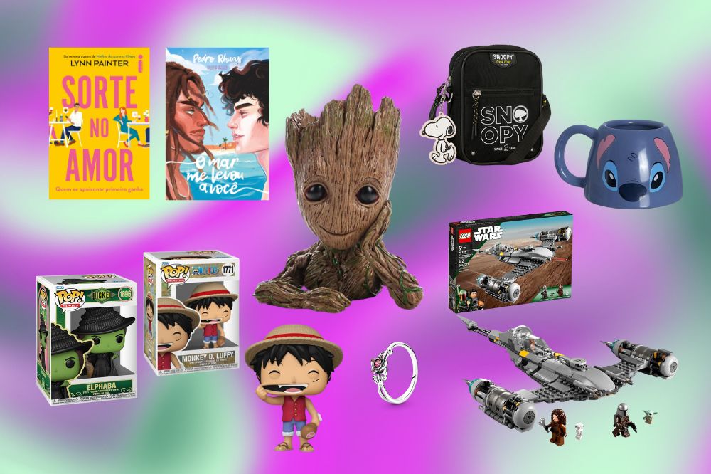 dia dos namorados 2 Ideias de presentes de Dia dos Namorados para quem ama cultura pop; imagem com itens como bonecos FUNKO, anel, LEGO, livros, shoulder bag, caneca e caixa de organização temática do Groot em um fundo degradê lilás, azul e verde