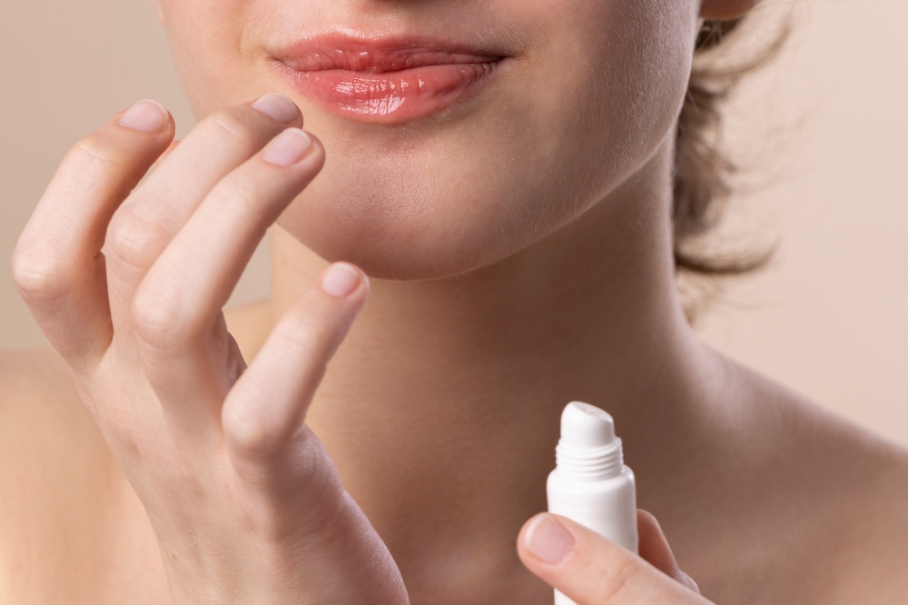 Garota aplicando hidratante labial