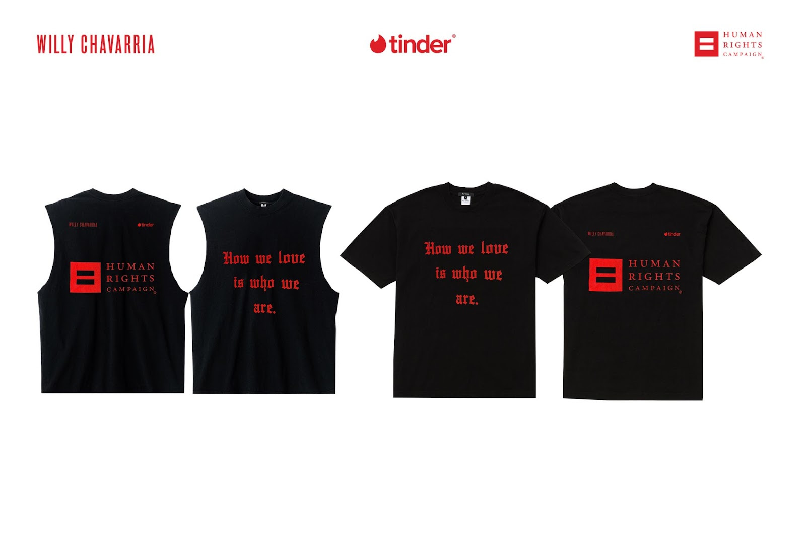 Adesivos se transformam em doação no Tinder no Mês do Orgulho Imagem de dois modelos de camisetas pretas com escritos laranja.