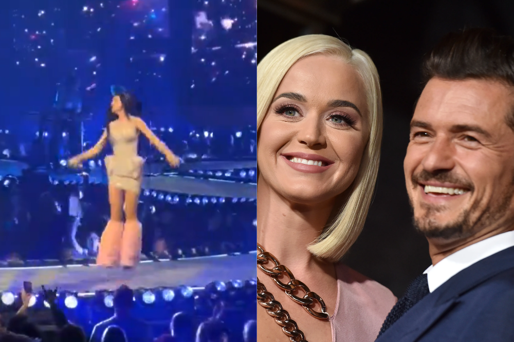 Katy Perry em show (esquerda), Orlando Bloom e Katy juntos (direita)